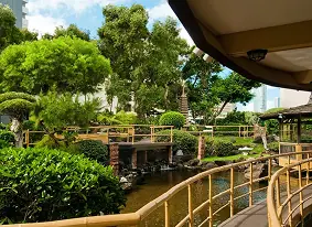 Landscaped garden with wooden bridges and flowing water